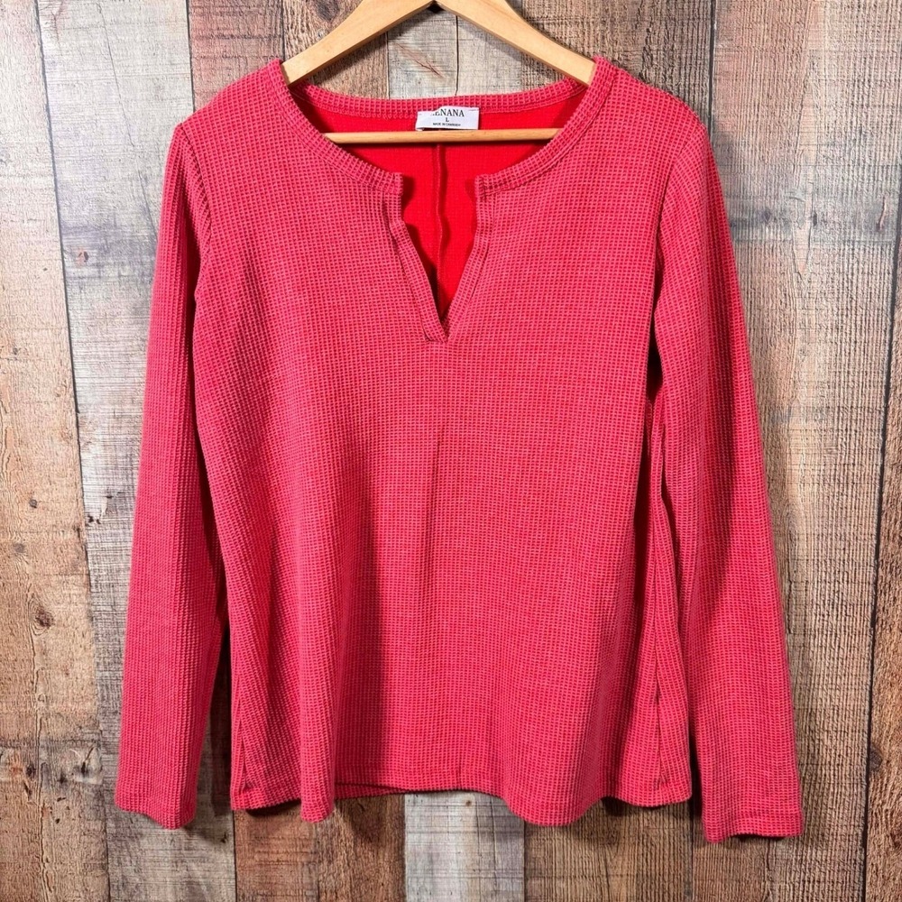 Zenana Large Red Waffle Knit Split V Neck Long Sleeve Top Thermal Sweater Shirt